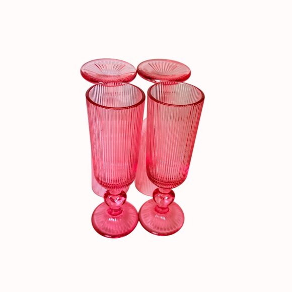 Romantic Ribbed Pink Glass Champagne Flutes Set of 4 Heart Stem Retro Cocktail - Picture 12 of 15